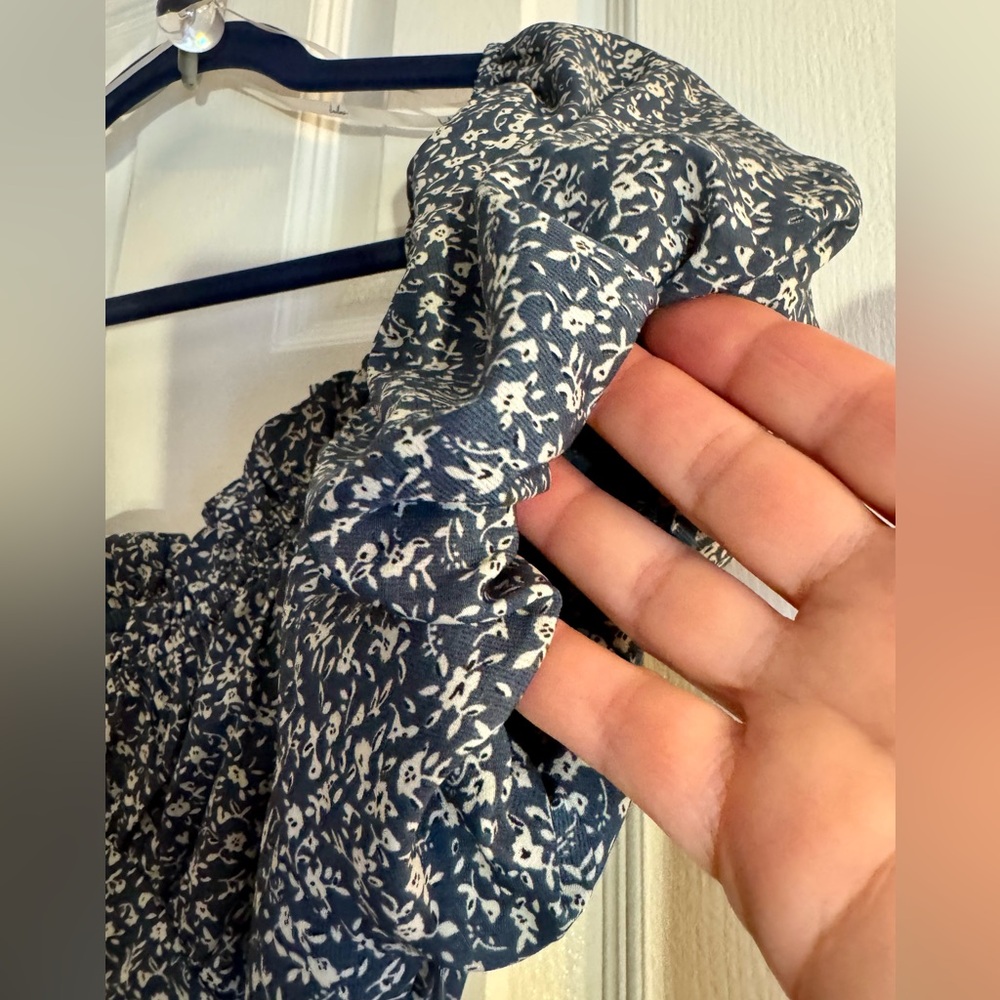 Lulus Reason To Be Mini Dress Ditsy Floral Dusty Blue Off Shoulder Short Sleeve - Picture 7 of 14